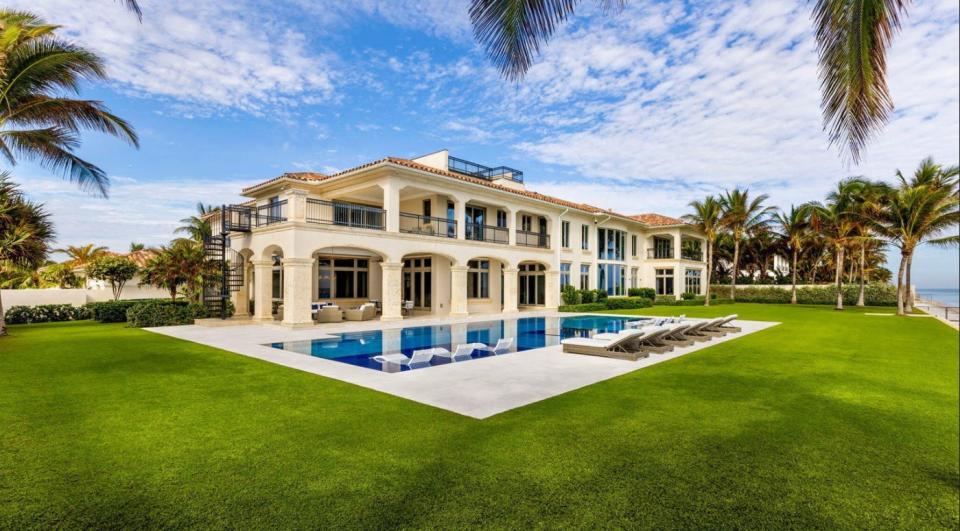 Just listed at $89 million, a Manalapan estate at 1040 S. Ocean Blvd. has a poolside loggia on its ocean side.