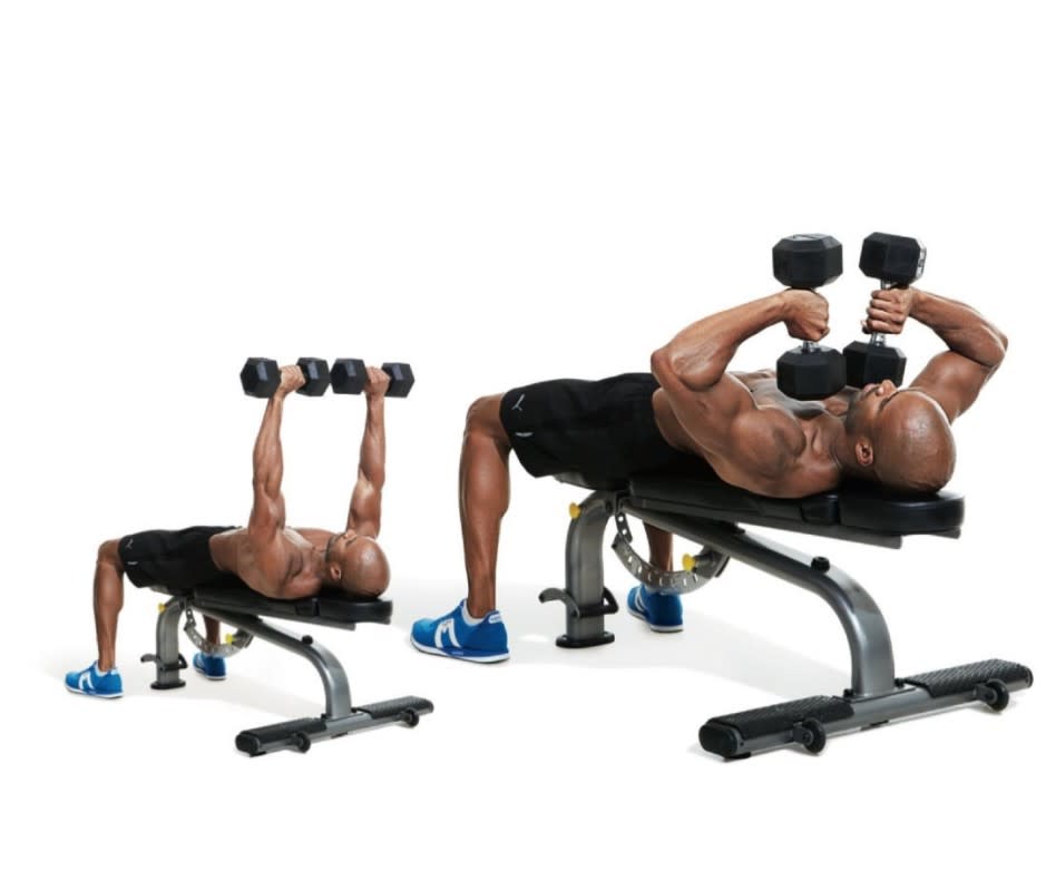 <p>Lie back on a bench or flat, sturdy surface with dumbbells in each hand, arms extended over your chest and palms facing your feet, to start. Point your elbows out and bend them to lower the weights almost to your chest, so they make L shapes. Extend your elbows to return to starting position. That's 1 rep. Repeat.</p>