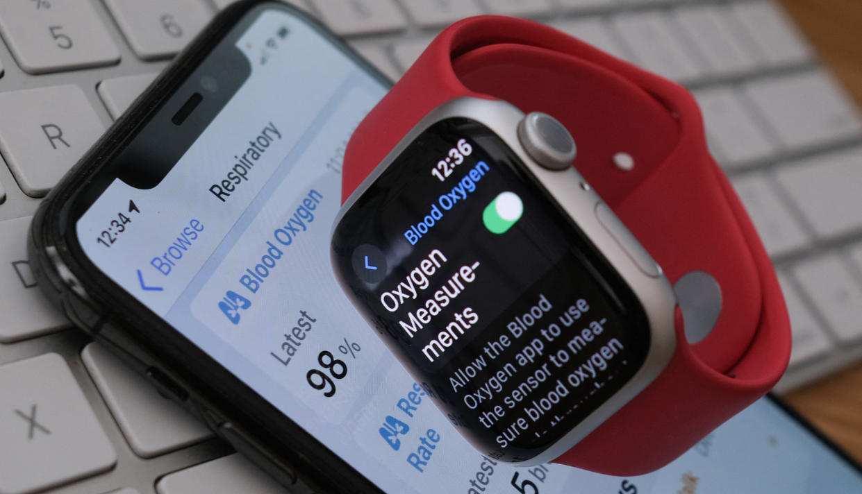 This photo illustration shows an Apple Watch 9 displaying the blood oxygen level detection settings.