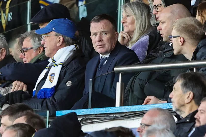 Gretar Steinsson looks on alongside Angus Kinnear, Peter Lowy and Eddie Gray during Leeds United's game against Preston North End back in January