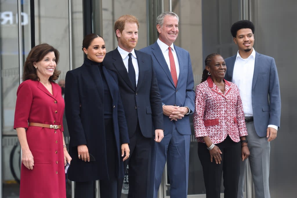 Governor of New York State Kathy Hochul, left to right, the Duchess and Duke of Sussex, New York City mayor Bill de Blasio, first lady of New York Chirlane McCray and son Dante de Blasio after visiting the One World Observatory (Michael Appleton/Mayoral Photography Office/PA)