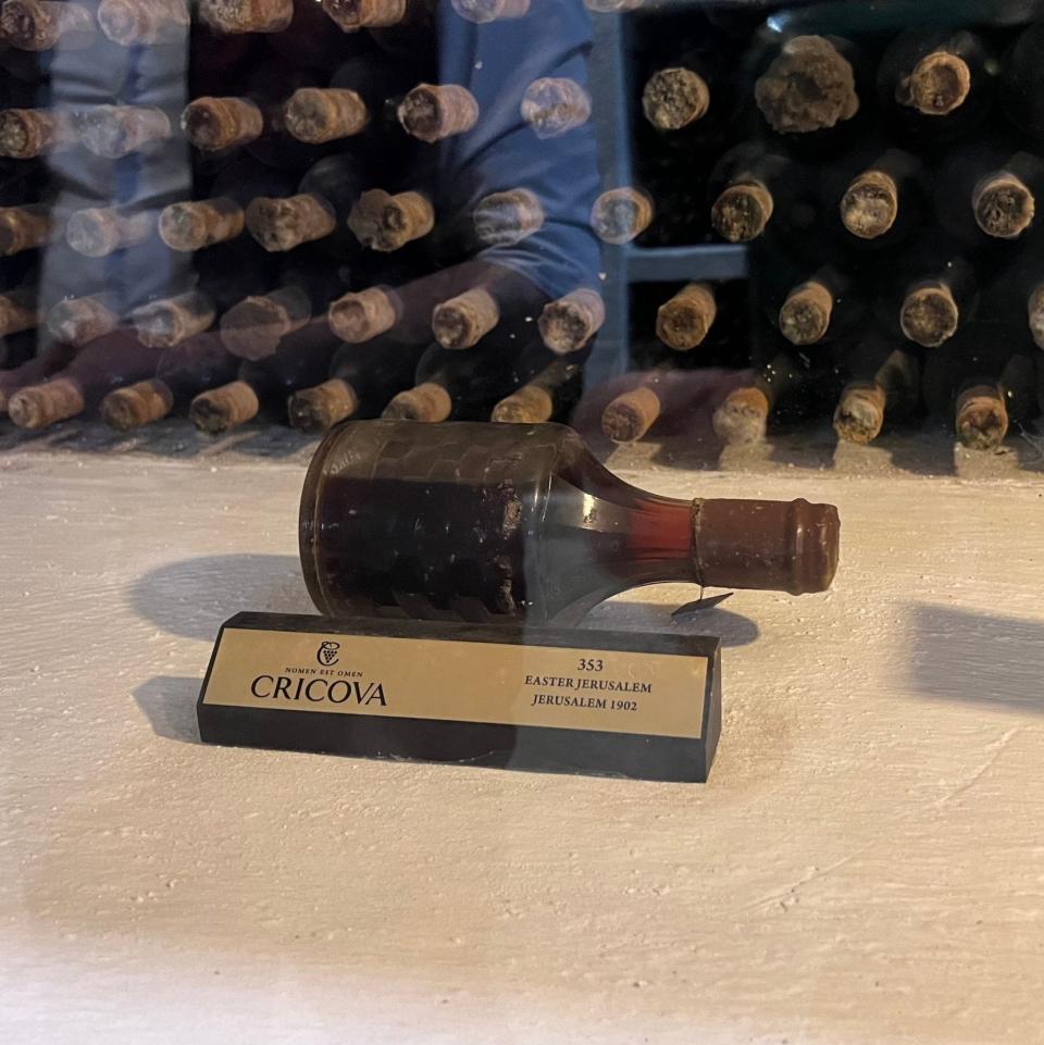 wine bottle on its side before a well filled wine rack