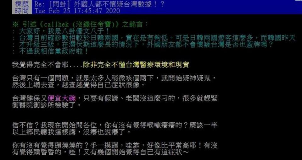 有位網友在PTT上發文表示「外國人都不懷疑台灣數據？」直言台灣目前新冠肺炎確診數，相較於日韓兩國，實在是有夠低。（摘自PTT八卦版）