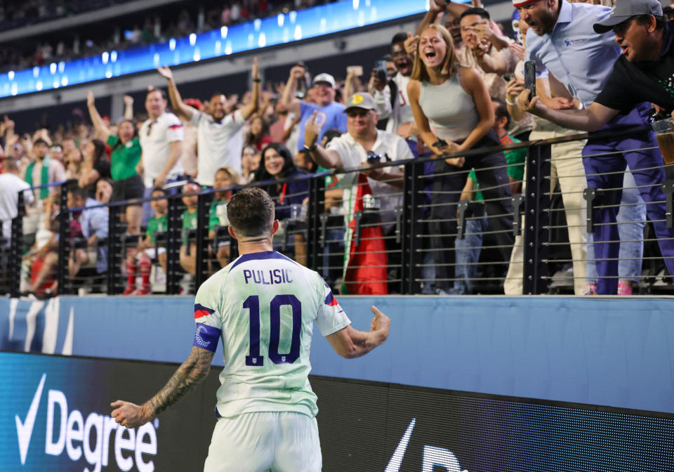LAS VEGAS, NEVADA - JUNE 15: Christian Pulisic #10 of the United States reacts in front of fans after scoring a goal against Mexico in the first half of their game during the 2023 CONCACAF Nations League semifinals at Allegiant Stadium on June 15, 2023 in Las Vegas, Nevada. The United States defeated Mexico 3-0. (Photo by Ethan Miller/USSF/Getty Images for USSF)