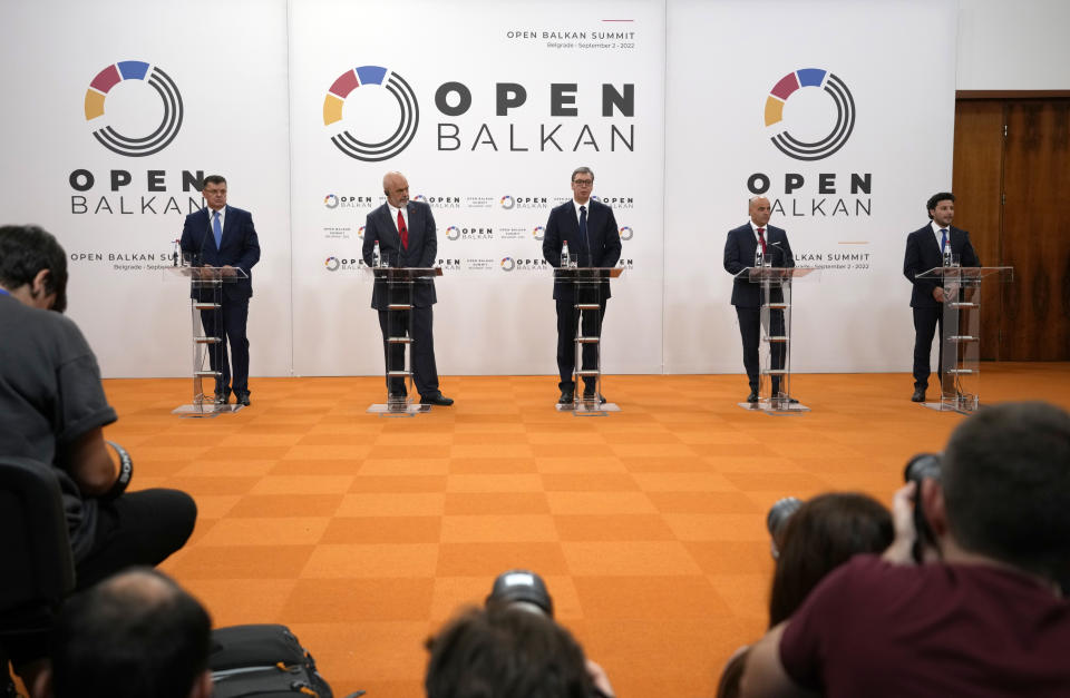 Chairman of the Council of Ministers of Bosnia Zoran Tegeltija, left, Albanian Prime Minister Edi Rama, second left, Serbian President Aleksandar Vucic, center, North Macedonia's Prime Minister Dimitar Kovacevski, second right, and Montenegrin Prime Minister Dritan Abazovic attend a press conference after the "Open Balkan" economic forum for regional cooperation in Belgrade, Serbia, Friday, Sept. 2, 2022. (AP Photo/Darko Vojinovic)