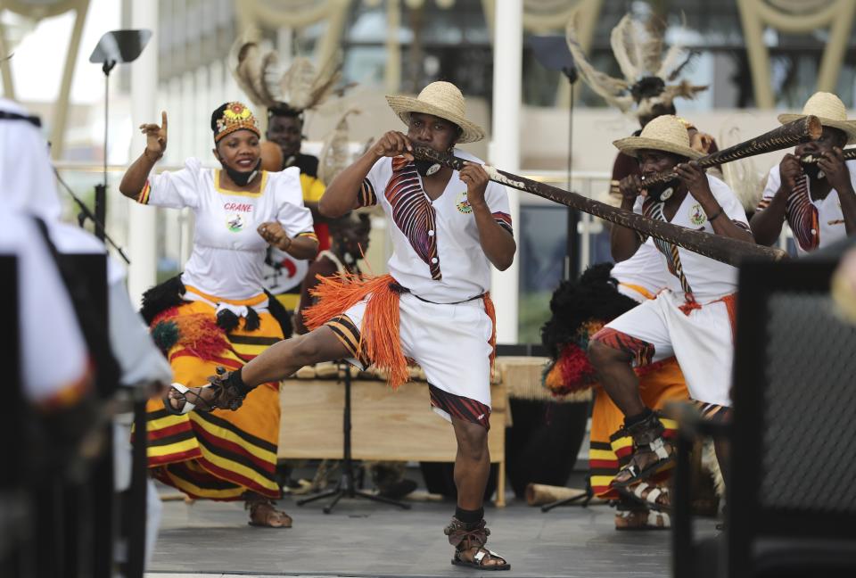 Dancers perform during a ceremony celebrating Uganda National Day at the Dubai Expo 2020 in Dubai, United Arab Emirates, Sunday, Oct. 3, 2021. (AP Photo/Kamran Jebreili)