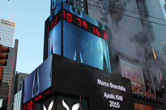 Video artist Marco Brambilla's "Apollo XVIII" will count down to a Saturn V launch every night in March in Times Square.