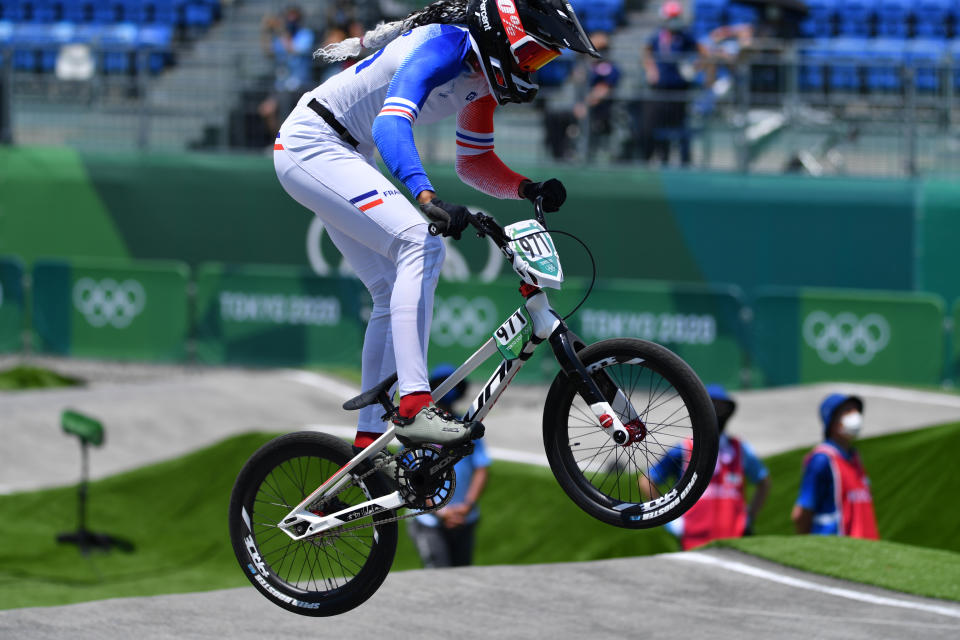 Bethany Shriever, 22, in action during the Olympic BMX Racing Women's Quarter-Final