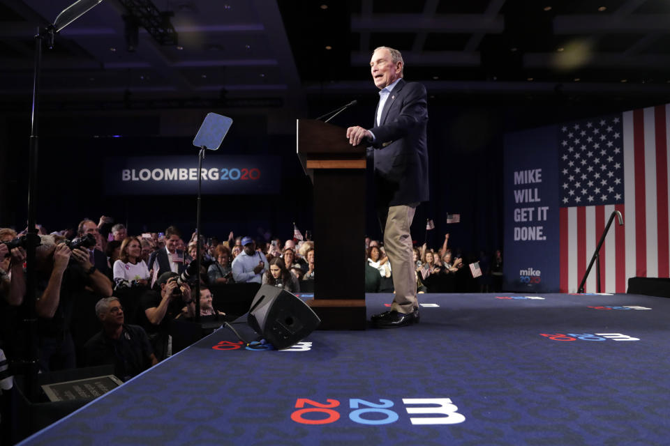 Democratic presidential candidate former New York City Mayor Mike Bloomberg speaks at a primary election night campaign rally Tuesday, March 3, 2020, in West Palm Beach, Fla. (AP Photo/Lynne Sladky)