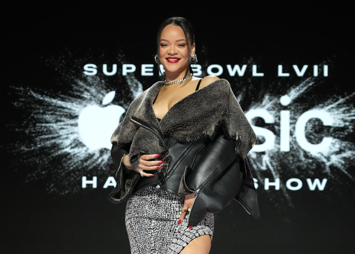 Rihanna poses during a Super Bowl half-time show press conference