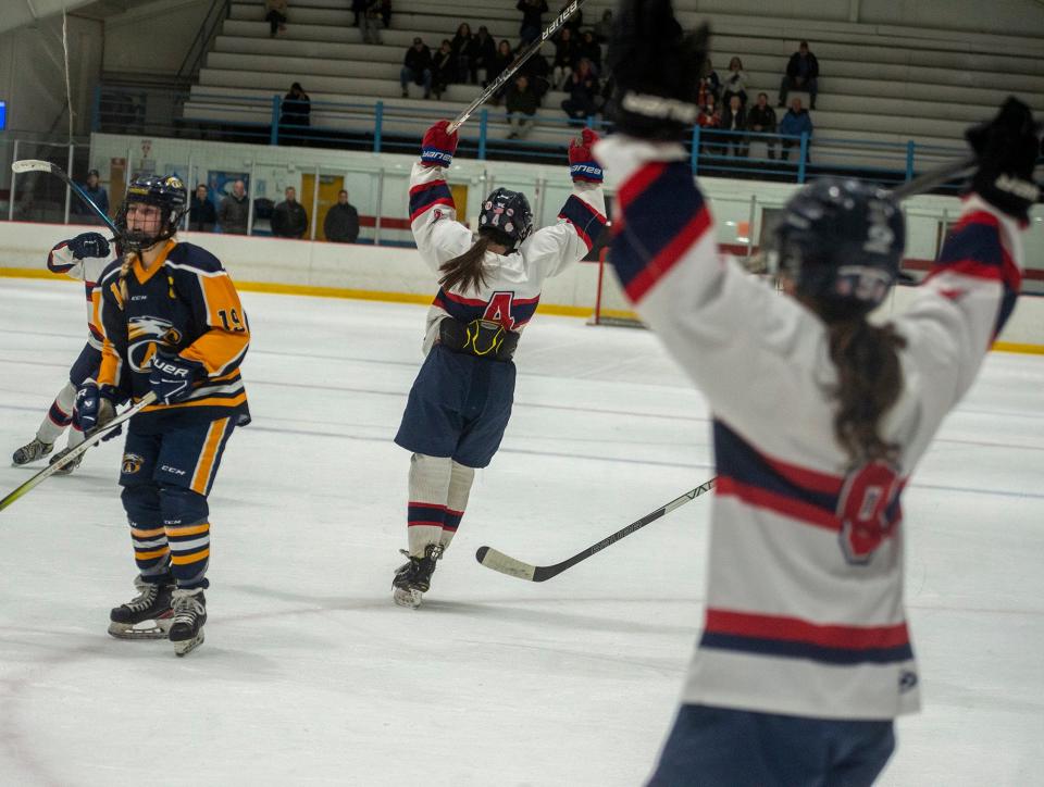 Lincoln-Sudbury Regional High School girls hockey captain Harper Friedholm celebrates after scoring her second goal against Andover, at Valley Sports Arena in Concord, Jan. 17, 2024.