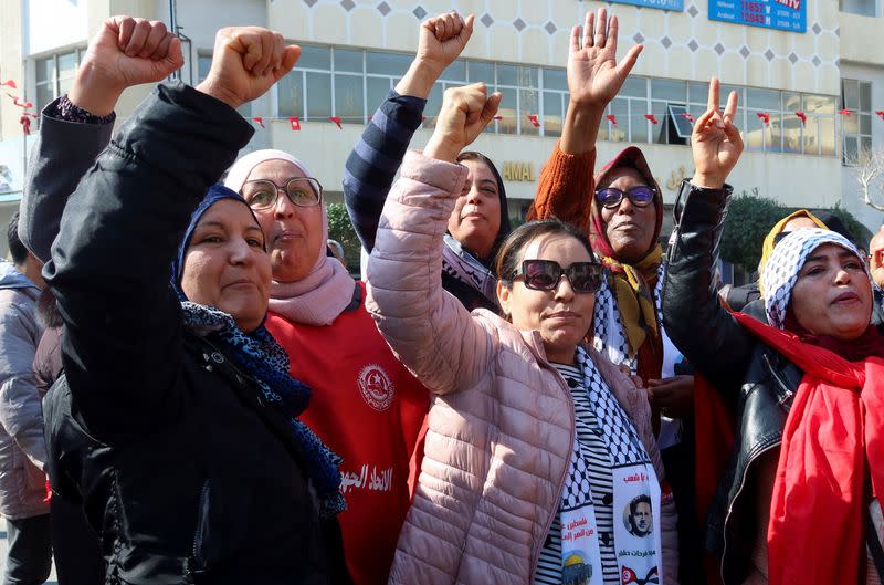 Supporters of the Tunisian General Labour Union (UGTT) protest in Sfax