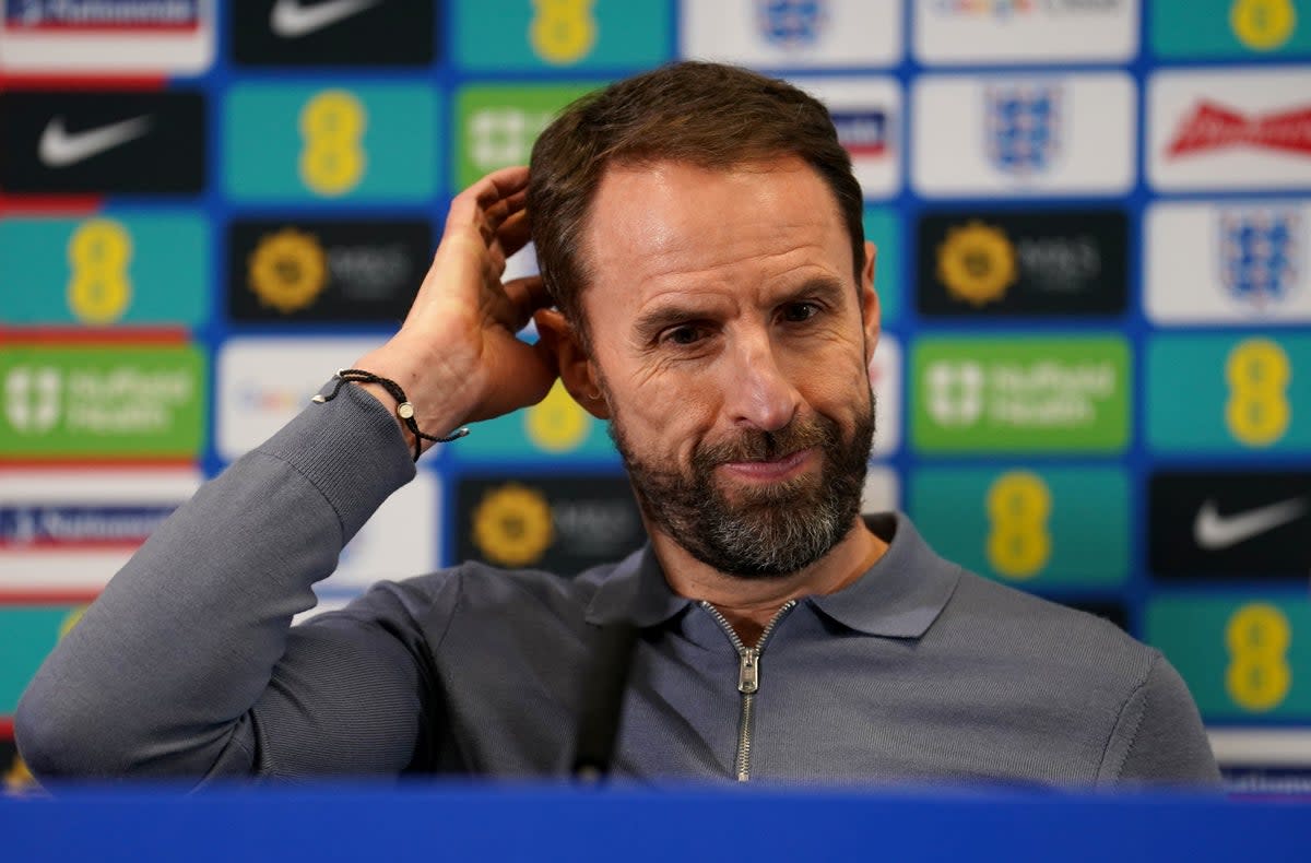 Gareth Southgate speaks to the media at St George’s Park (PA)