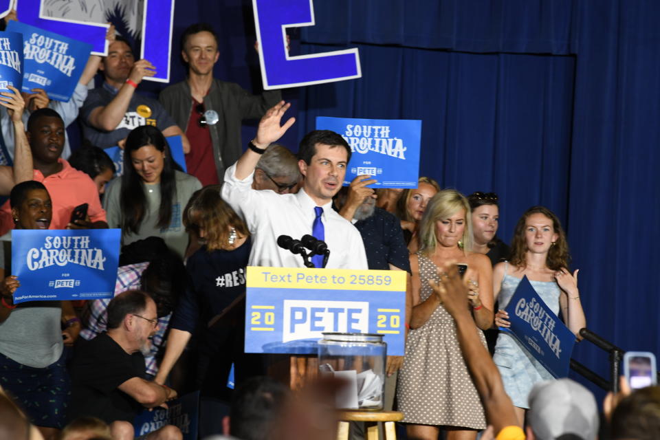 Democratic presidential contender Pete Buttigieg holds a town hall in North Charleston, South Carolina, on Sunday, May 5, 2019. Buttigieg says he's focusing on outreach to minorities, who make up most of the Democratic primary electorate in this early-voting state. (AP Photo/Meg Kinnard)