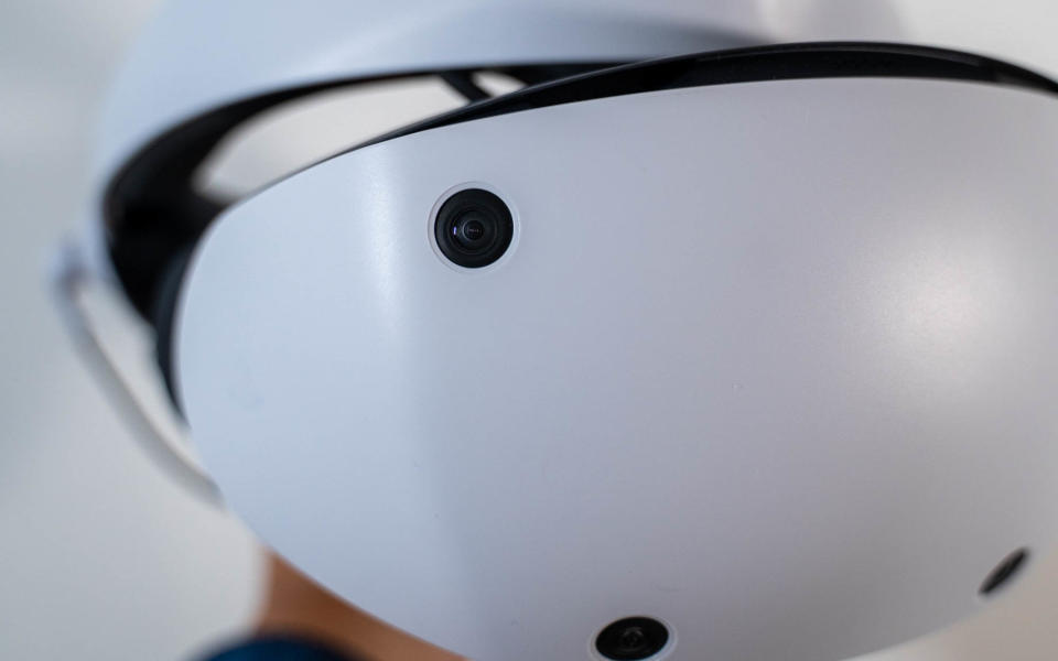 The external of a white PlayStation VR2 headset.