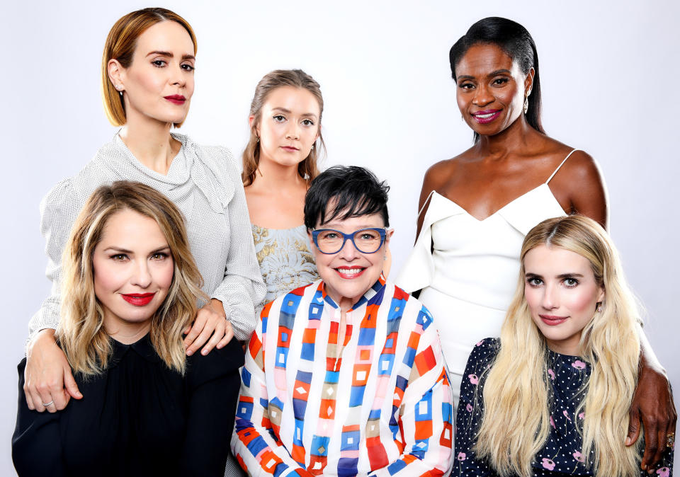 Sarah Paulson, Billie Lourd, Adina Porter (Front L-R) Leslie Grossman, Kathy Bates and Emma Roberts of FX's "American Horror Story: Apocalypse"&nbsp;pose for a portrait during the 2018 Summer Television Critics Association Press Tour. (Photo: Rich Fury via Getty Images)