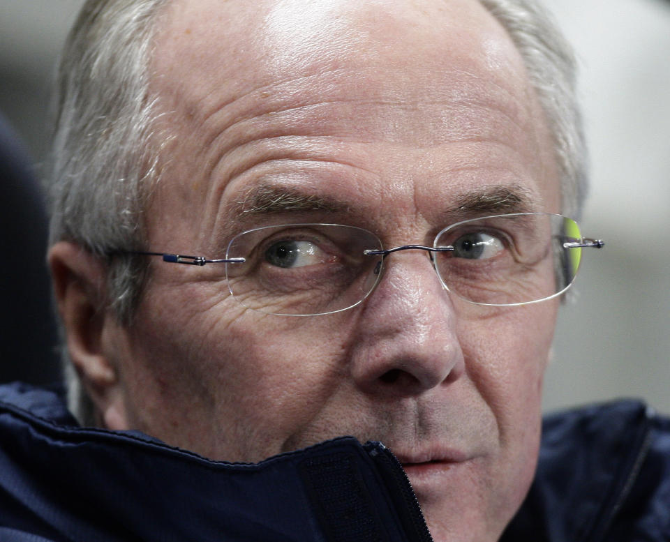 FILE - This Tuesday Jan. 18, 2011 file photo shows then Leicester's manager Sven-Goran Eriksson before his team's English FA Cup third round replay soccer match against Manchester City in Manchester, England. Swedish soccer coach Sven-Goran Eriksson says he has cancer and might have less than a year to live. The former England coach has told Swedish Radio he discovered he had cancer after collapsing suddenly. (AP Photo/Jon Super, File)