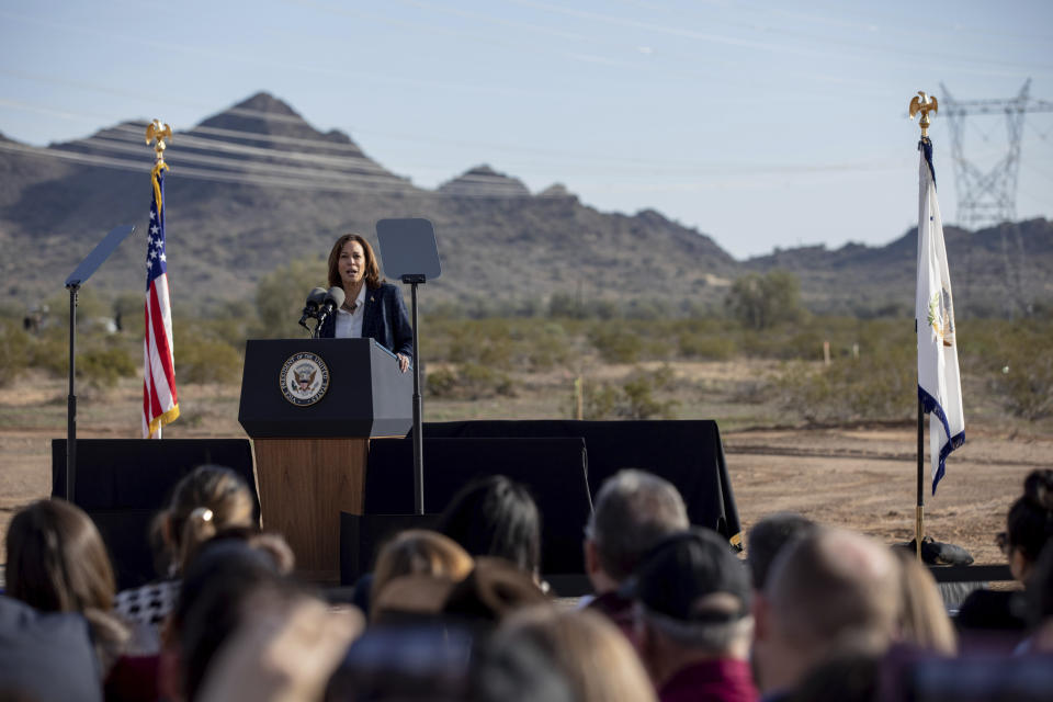 Vice President Kamala Harris speaks at the groundbreaking ceremony of the Ten West Link transmission line, Thursday, Jan. 19, 2023, in Tonopah, Ariz. (AP Photo/Alberto Mariani)