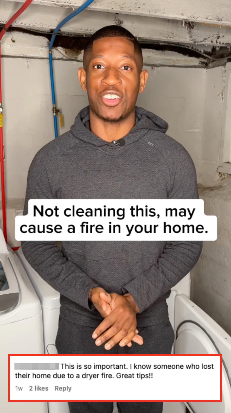 Kyshawn saying "Not cleaning this may cause a fire in your home" and standing in front of a washing machine