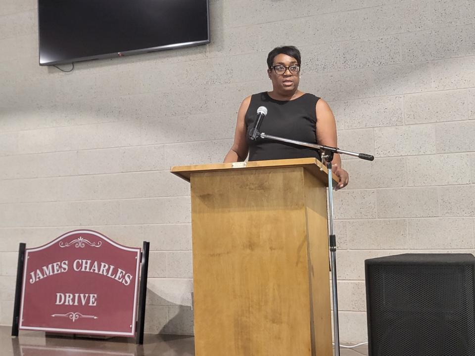 Former Terrebonne Parish Councilwoman Arlanda Williams speaks at a commemoration ceremony for her father, former educator James Charles, on Wednesday, June 29, 2022, at Southdown Elementary in Houma.