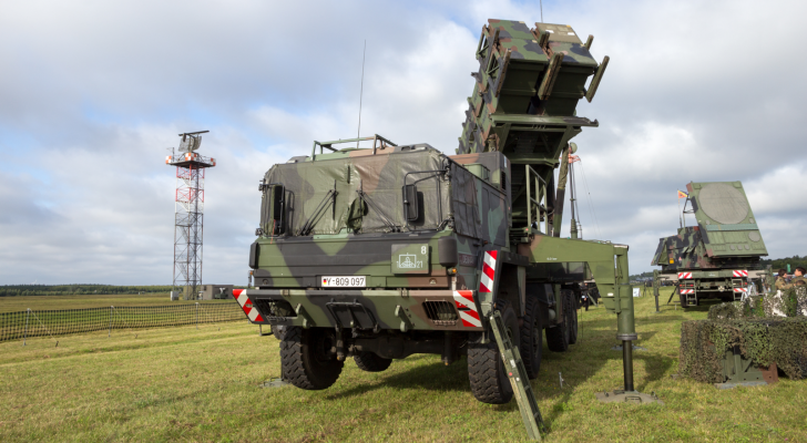 A German army mobile Raytheon (RTX) MIM-104 Patriot surface-to-air missile (SAM) system on display during the Laage airbase open house.