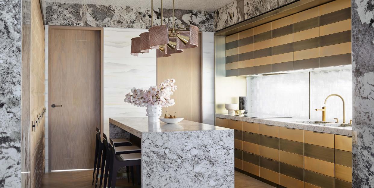 a kitchen with a marble portal