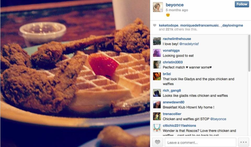 Beyonce keeps it old school with chicken and waffles. YUM.