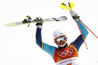 Alpine Skiing - Pyeongchang 2018 Winter Olympics - Men's Slalom - Yongpyong Alpine Centre - Pyeongchang, South Korea - February 22, 2018 - Andre Myhrer of Sweden reacts. REUTERS/Kai Pfaffenbach