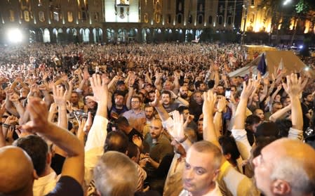 People protest against the visit of the Russian delegation in Tbilisi