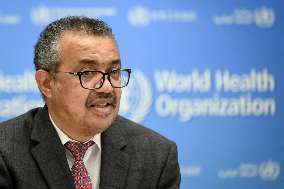 World Health Organization (WHO) Director-General Tedros Adhanom Ghebreyesus delivers a speech during the launch of a multiyear partnership with Qatar on making the FIFA Football World Cup 2022 and mega sporting events healthy and safe, at the WHO headquarters in Geneva, Switzerland, on Wednesday, 18 October 2021. (Fabrice COFFRINI/Keystone via AP)