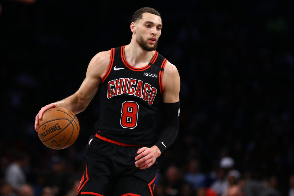 Zach LaVine #8 of the Chicago Bulls in action against the Brooklyn Nets 