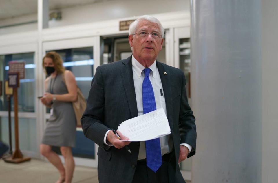 U.S. Sen. Roger Wicker, R-Miss., arrives as senators go to the chamber for votes ahead of the approaching Memorial Day recess, at the Capitol in Washington in 2021.