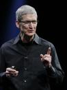 Apple CEO Tim Cook gestures at the Apple Developers Conference in San Francisco, Monday, June 11, 2012. New iPhone and Mac software and updated Mac computers were among the highlights Monday at Apple Inc.'s annual conference for software developers. (AP Photo/Paul Sakuma)