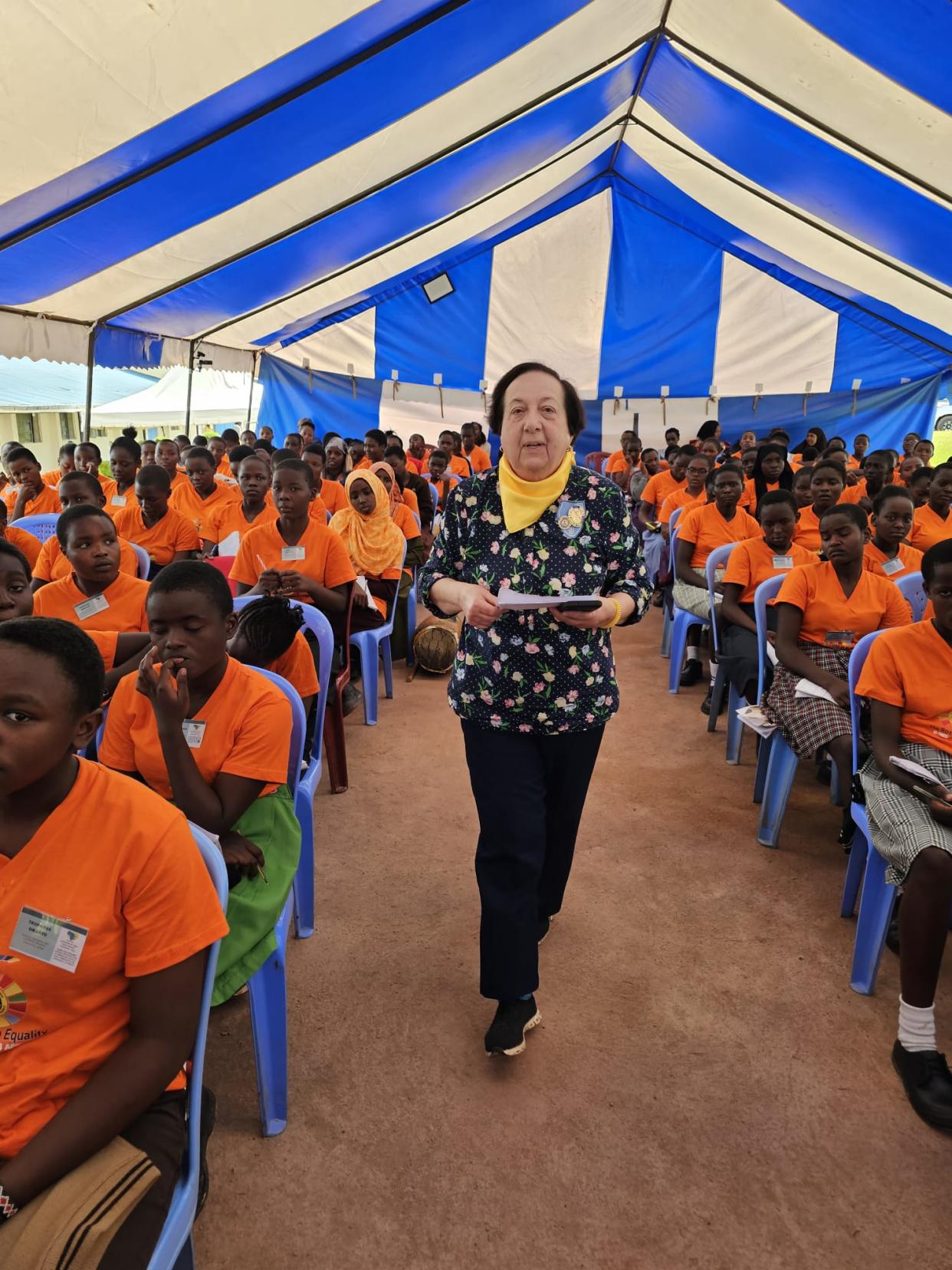 Vivian Walczesky is shown with the 200 African girls who were selected for Soroptimist International's program.