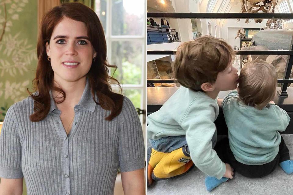 <p> Dave Benett/Getty Images; Princess Eugenie/Instagram</p>  (Right) Princess Eugenie in April 2024; (Left) August and Ernest Brooksbank in a new photo Princess Eugenie posted on May 30, 2024.
