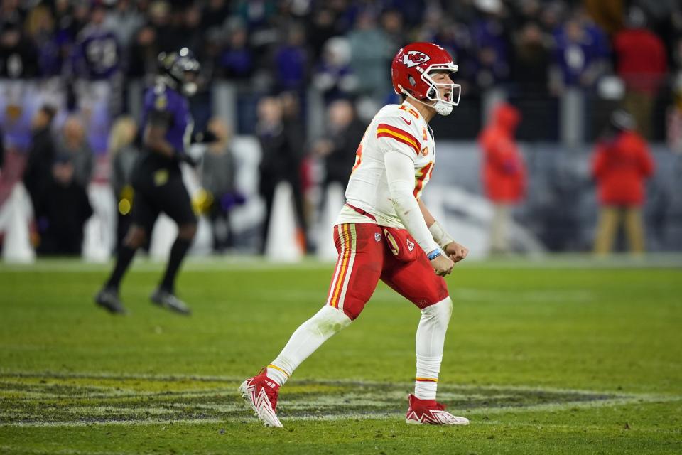 Kansas City Chiefs quarterback Patrick Mahomes (15) celebrates at the end of the AFC Championship NFL football game against the Baltimore Ravens, Sunday, Jan. 28, 2024, in Baltimore. The Chiefs won. (AP Photo/Matt Slocum)