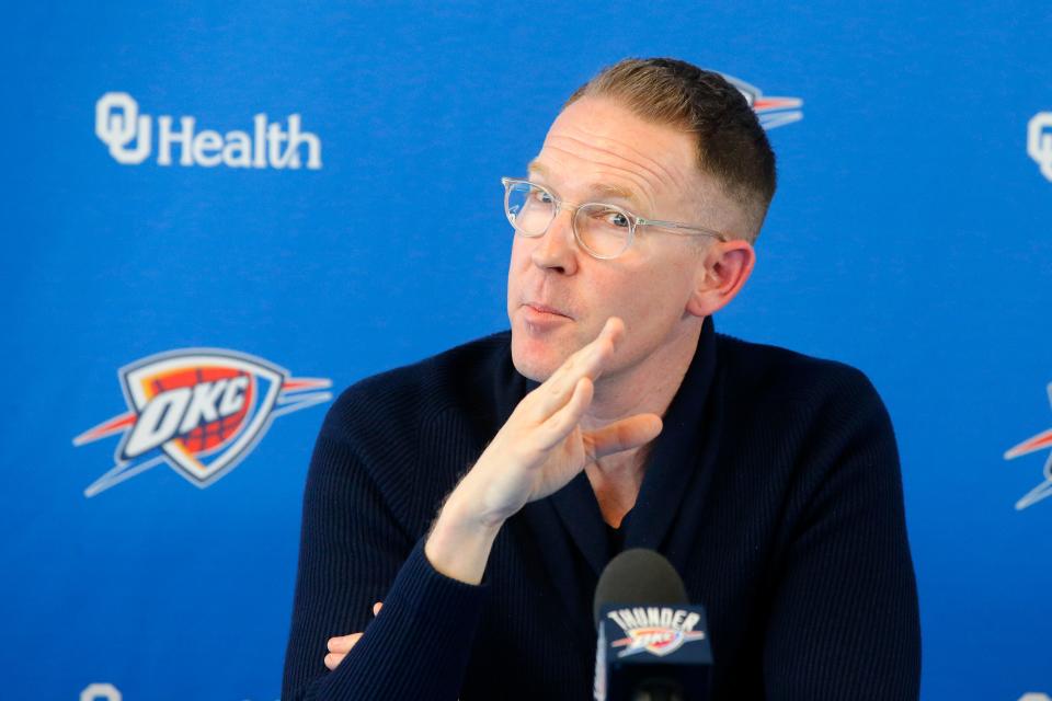 Thunder general manager Sam Presti speaks about the team's future on April 18. The Thunder’s salary for the 2021-22 season was about $79 million — roughly $22 million below the salary floor.
