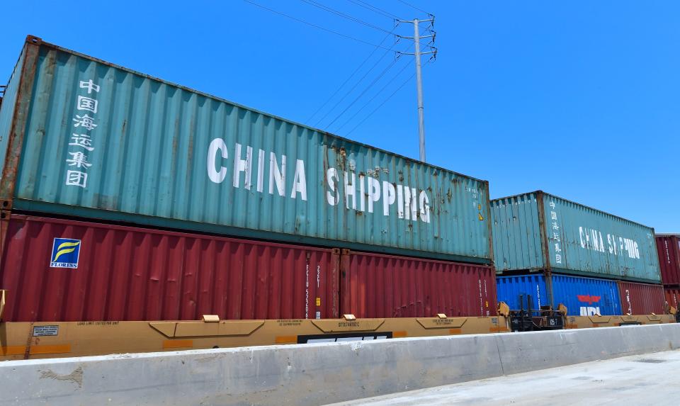 Shipping containers, including those of China Shipping, a shipping conglomerate under direct administration of China'a State Council, await transportation on a rail line at the Port of Long Beach on July 12, 2018 in Long Beach, California. - The Trump administration announced tariffs on $200 Billion more Chinese goods on July 11 with China vowing to retaliate. (Photo by Frederic J. BROWN / AFP)        (Photo credit should read FREDERIC J. BROWN/AFP/Getty Images)