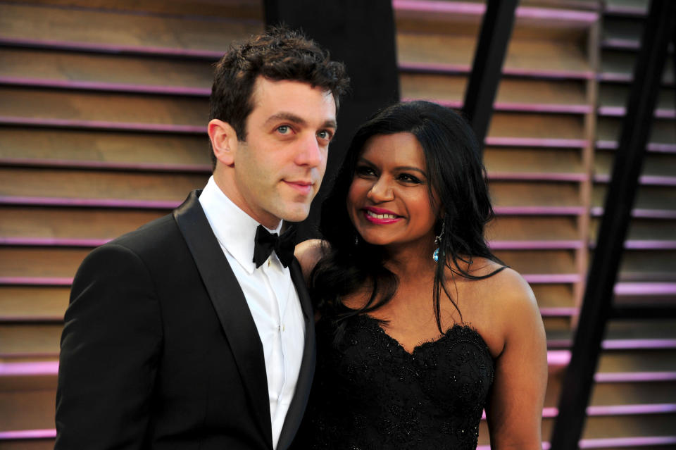 B.J. Novak (L) and Mindy Kaling attend the 2014 Vanity Fair Oscar Party hosted by Graydon Carter on March 2, 2014 in West Hollywood, California.