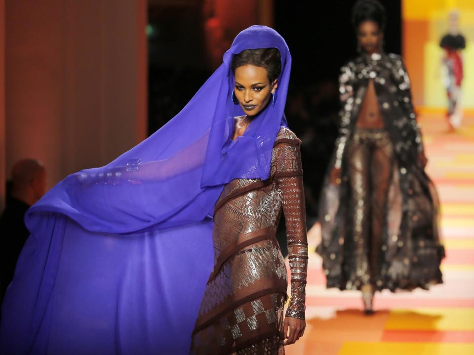 A model wears a creation for French fashion fashion designer Jean-Paul Gaultier's Spring-Summer 2013 Haute Couture fashion collection, presented in Paris, Wednesday, Jan.23, 2013. (AP Photo/Jacques Brinon)