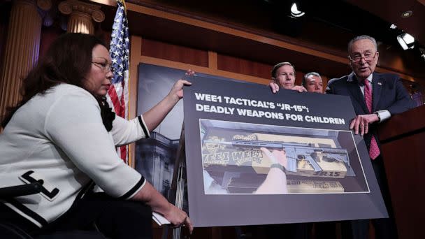 PHOTO: Senate Majority Leader Chuck Schumer (D-NY) joins with other Democratic members of the Senate at a U.S. Capitol press conference condemning WEE1 Tactical's 'JR-15' rifle marketed to children Jan. 26, 2023 in Washington, DC. (Win Mcnamee/Getty Images)