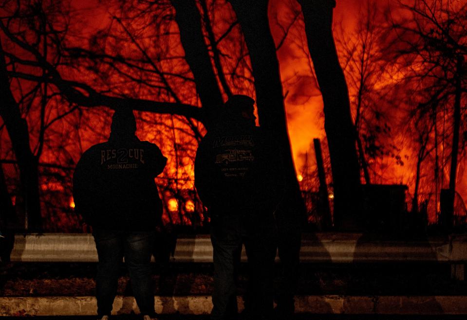 A view from Wallington of an 11-alarm chemical fire in Passaic, N.J., on Friday.