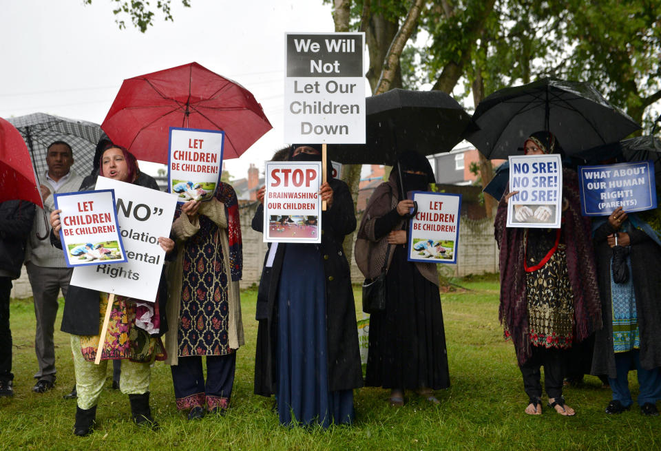 Protesters hold a demonstration outside the Birmingham primary school earlier this year. (PA)