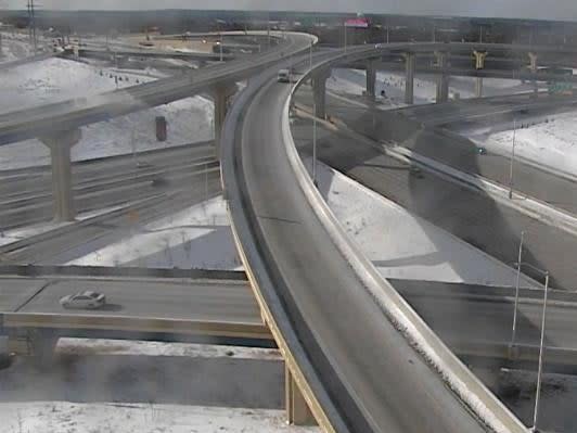 A pickup truck can be seen falling off a flyover near Milwaukee in Wisconsin.  (The Wisconsin Department of Transportation)