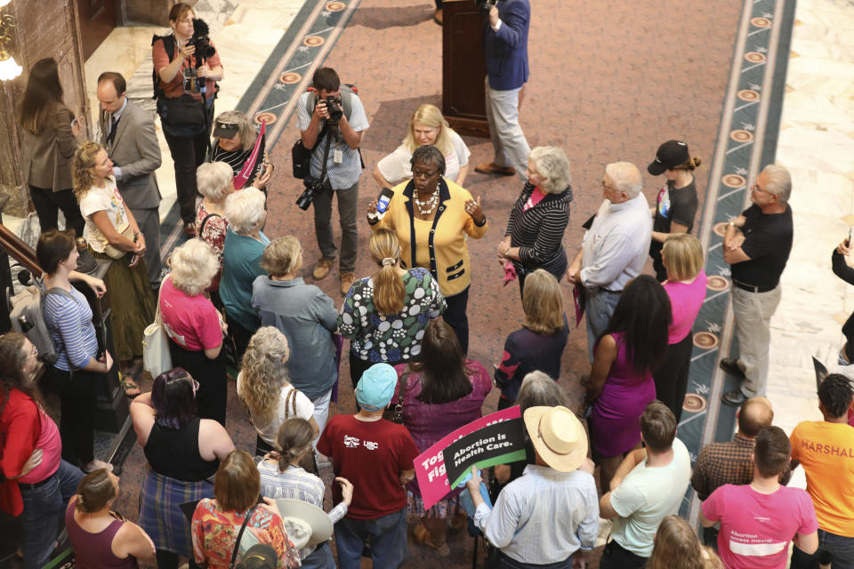 South Carolina Rep. Gilda Cobb-Hunter, D-Orangeburg, speaks to a group of people against an abortion bill before the bill is debated in the House on Tuesday, May 16, 2023, in Columbia, South Carolina. (AP Photo/Jeffrey Collins)