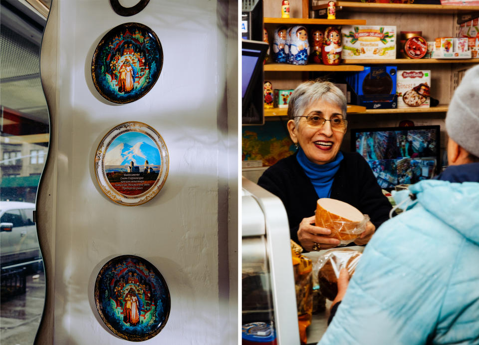 Plates depicting Russian fairy tale scenes at the store; Marina Begiv shows a customer ham for purchase. (Justin J Wee for NBC News)