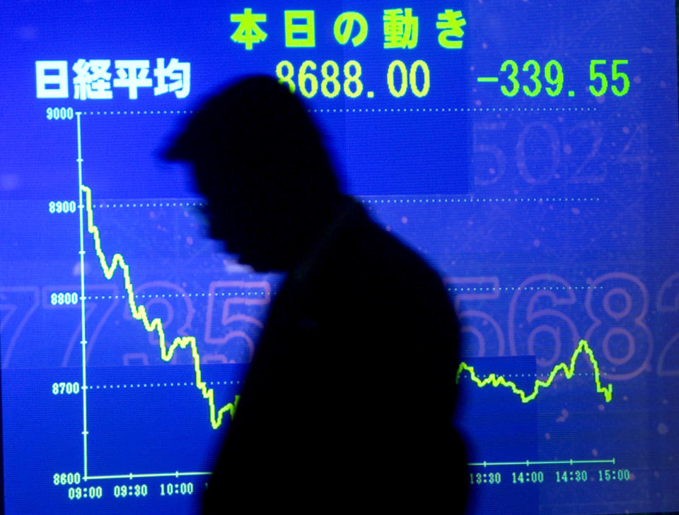 A Japanese businessman walks past an electronic stock board in Tokyo's
business district October 7, 2002. Tokyo stocks crumbled to a fresh 19-year
low on Monday in their biggest one-day slide since June, led by banks and
their debt-ridden borrowers on fears that a tougher stance on bad loans
would trigger a wave of corporate failures. The benchmark Nikkei average
finished down 339.55 points or 3.76 percent at 8,688.00, its lowest close
since June 16,1983. REUTERS/Yuriko Nakao

YN/JS