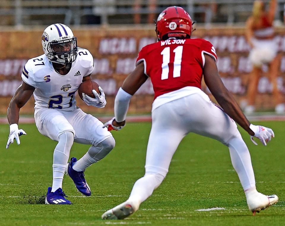 Former North Alabama star ShunDerrick Powell carries the football in 2021 against Jacksonville State. Powell transferred to Central Arkansas in the offseason and will play against Oklahoma State on Saturday in Stillwater.