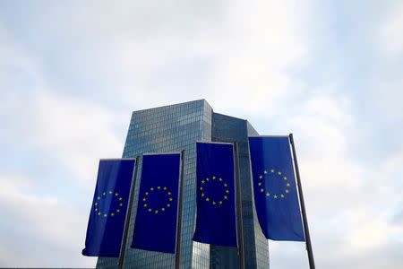 European Union (EU) flags fly in front of the European Central Bank (ECB) headquarters in Frankfurt, Germany, December 3, 2015. REUTERS/Ralph Orlowski/File Photo