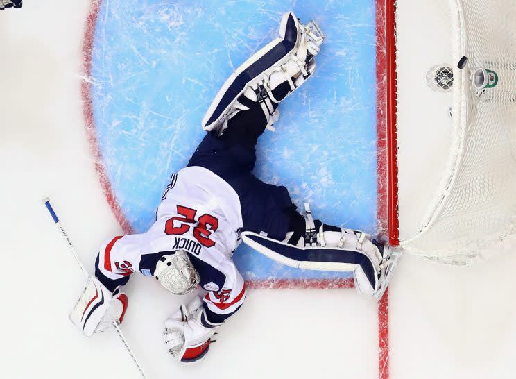 TORONTO, ON - SEPTEMBER 17: Jonathan Quick #32 of Team USA sprawls as the puck bounced off the net in the game against Team Europe during the World Cup of Hockey tournament at the Air Canada Centre on September 17, 2016 in Toronto, Canada. Team Europe shutout Team USA 3-0. (Photo by Bruce Bennett/Getty Images)